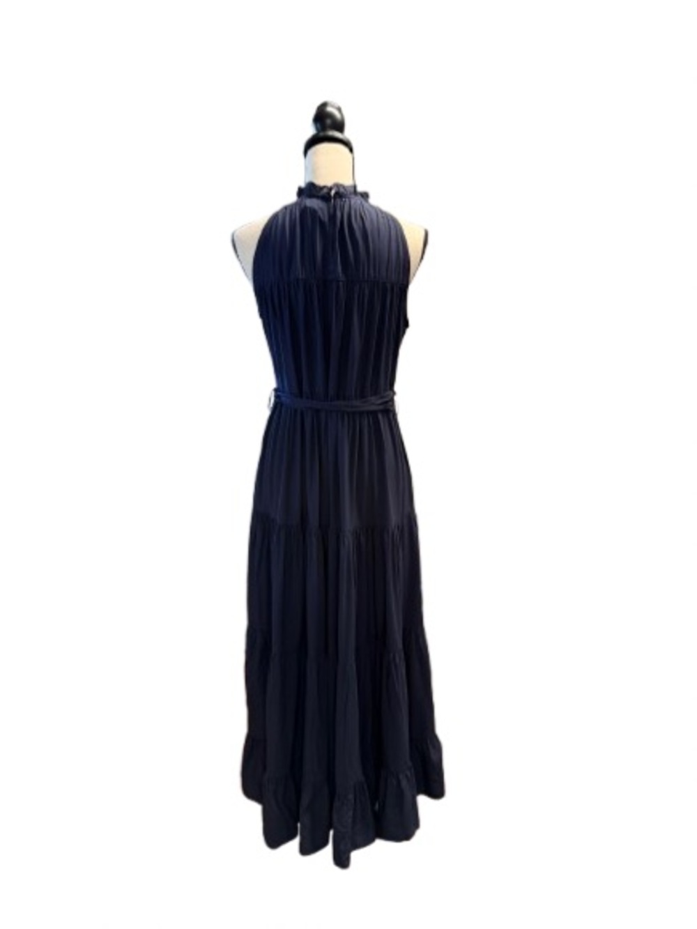 PINCH NWT Navy Tiered Maxi Dress Mock Neck Sleeveless Tie Waist Size L - Picture 4 of 7